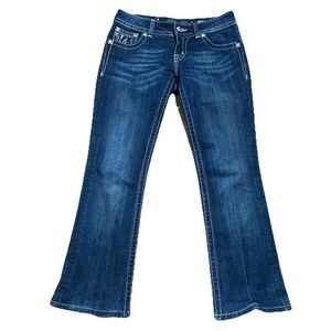 Miss Me Jeans Women’s 27 Low Rise Dark Wash‎ Boot Cut Jeans Flap Pockets 30x28